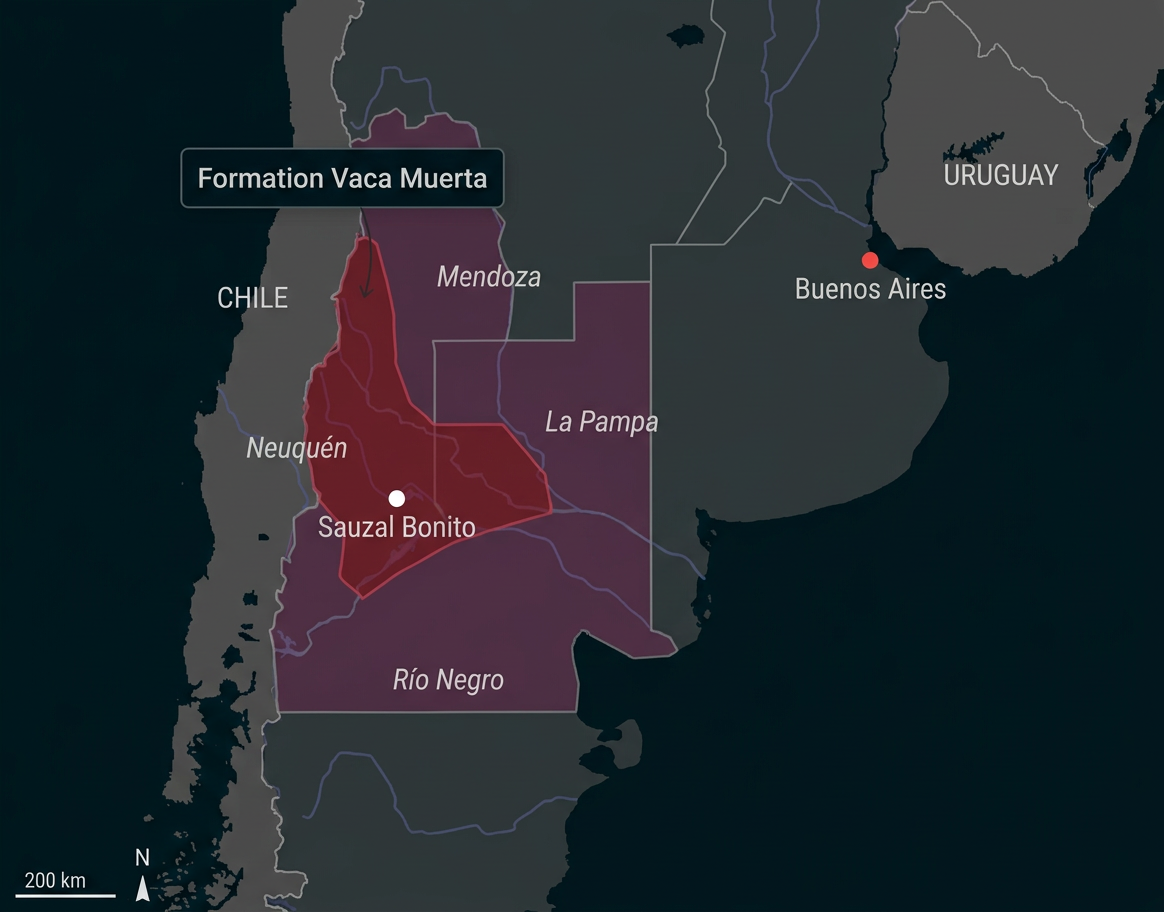 Karte der Vaca-Muerta-Formation in Argentinien mit markierten Provinzen und Städten.